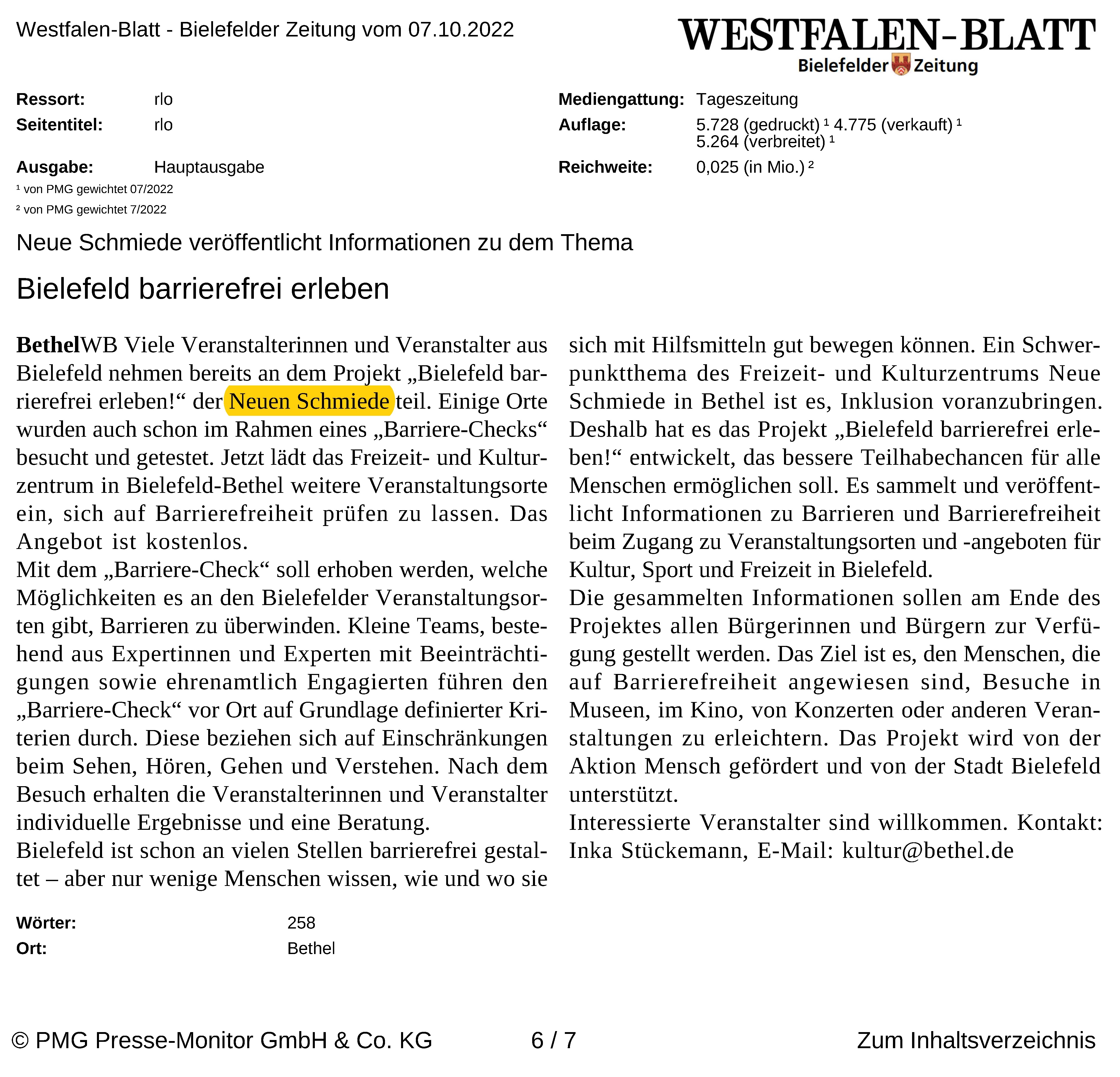 Pressebericht im Westfalen-Blatt